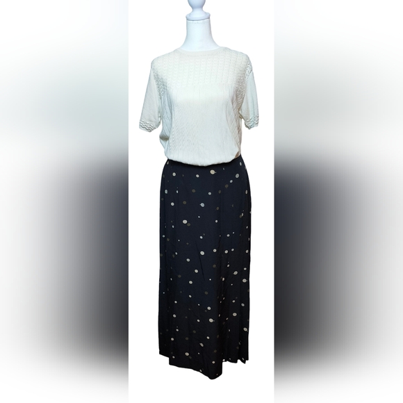 Vintage Carlisle Silk Pleated Black Polka Dot Maxi Skirt Retro Size 12 Side Zip - Picture 1 of 8